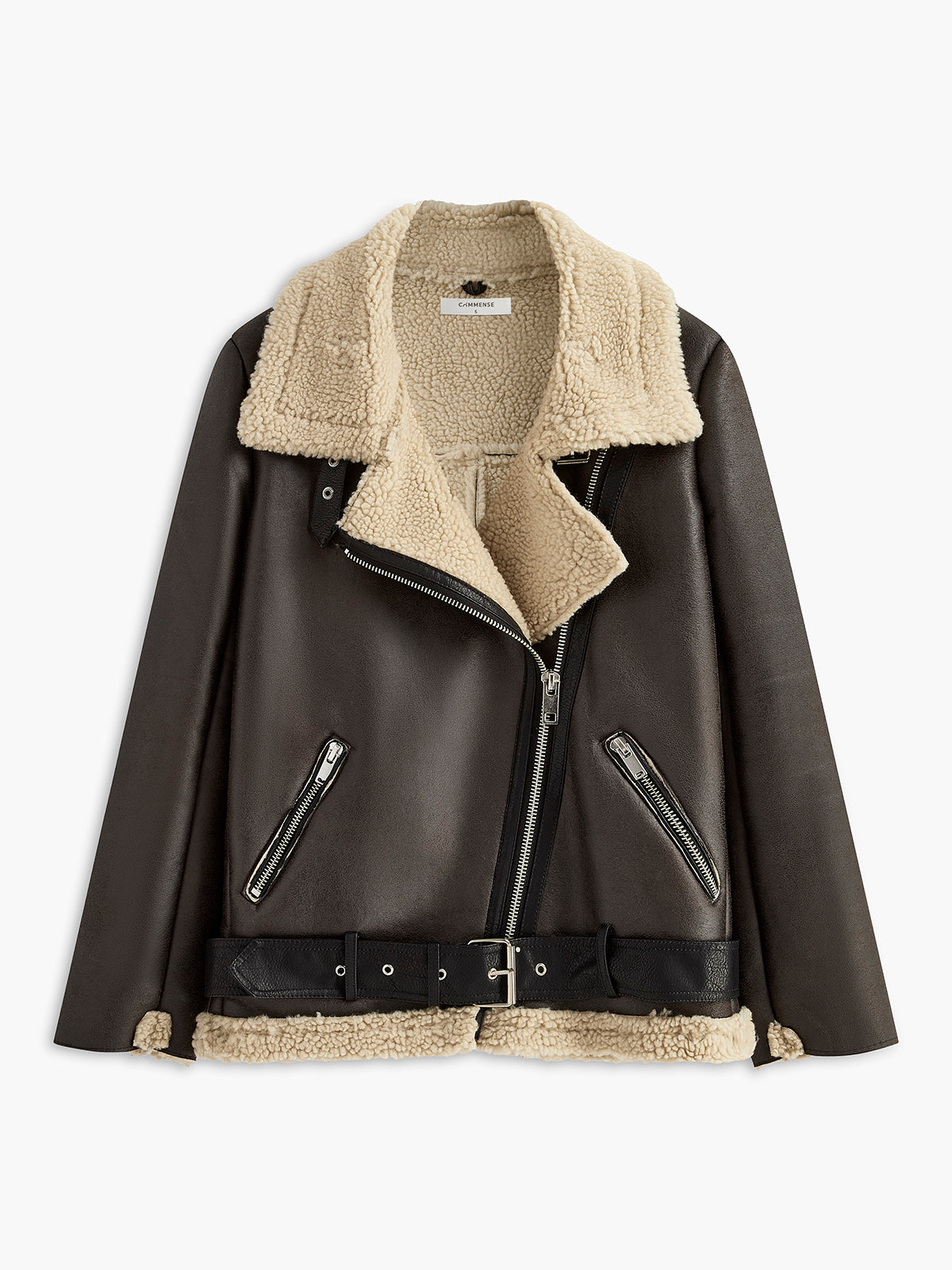 Women's cozy fleece jacket with zip front, belt, faux fur accents, and suede sleeves in warm neutral