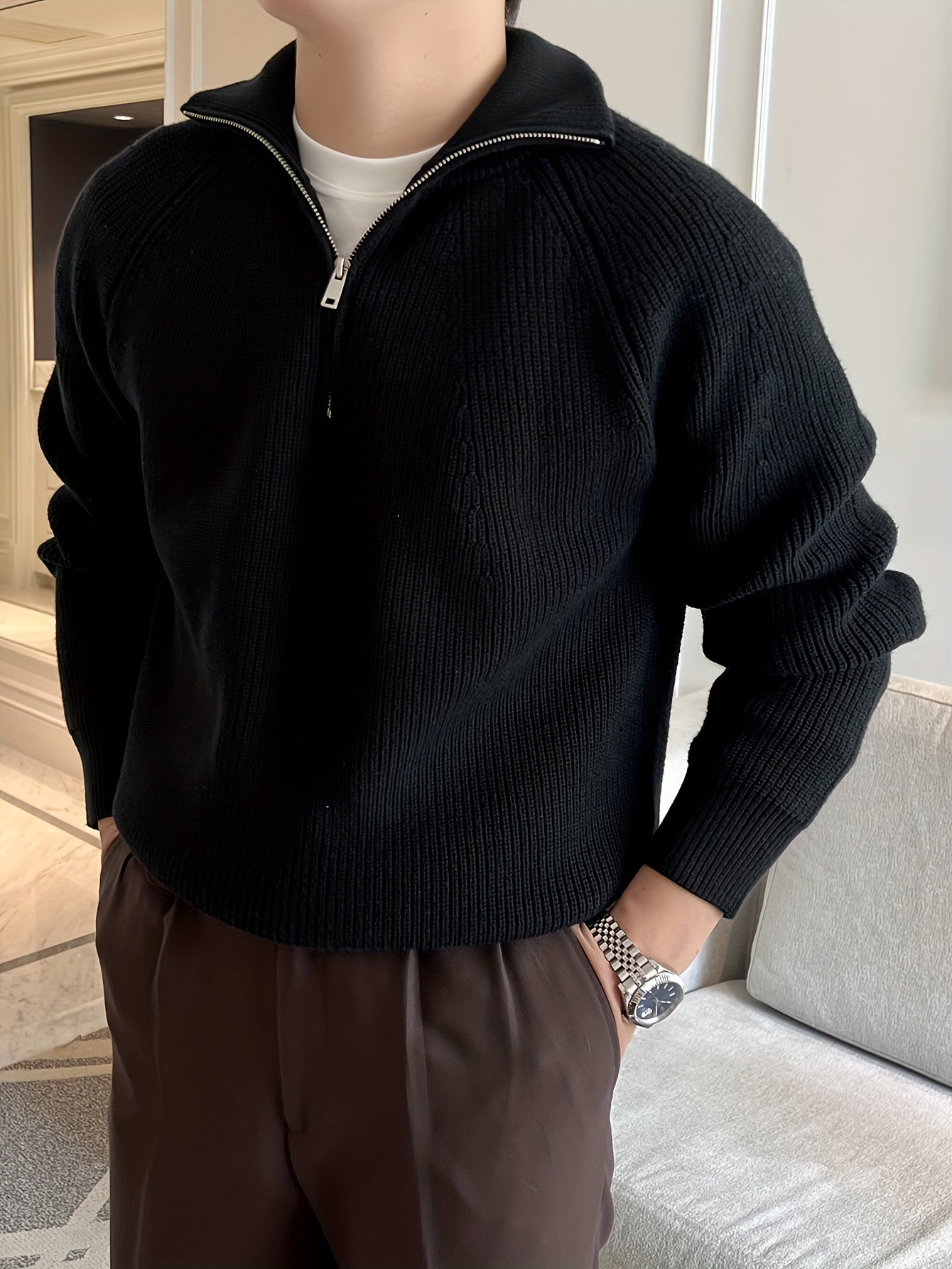 Men's cotton blend half-zip knit sweater high collar ribbed texture casual formal navy blue