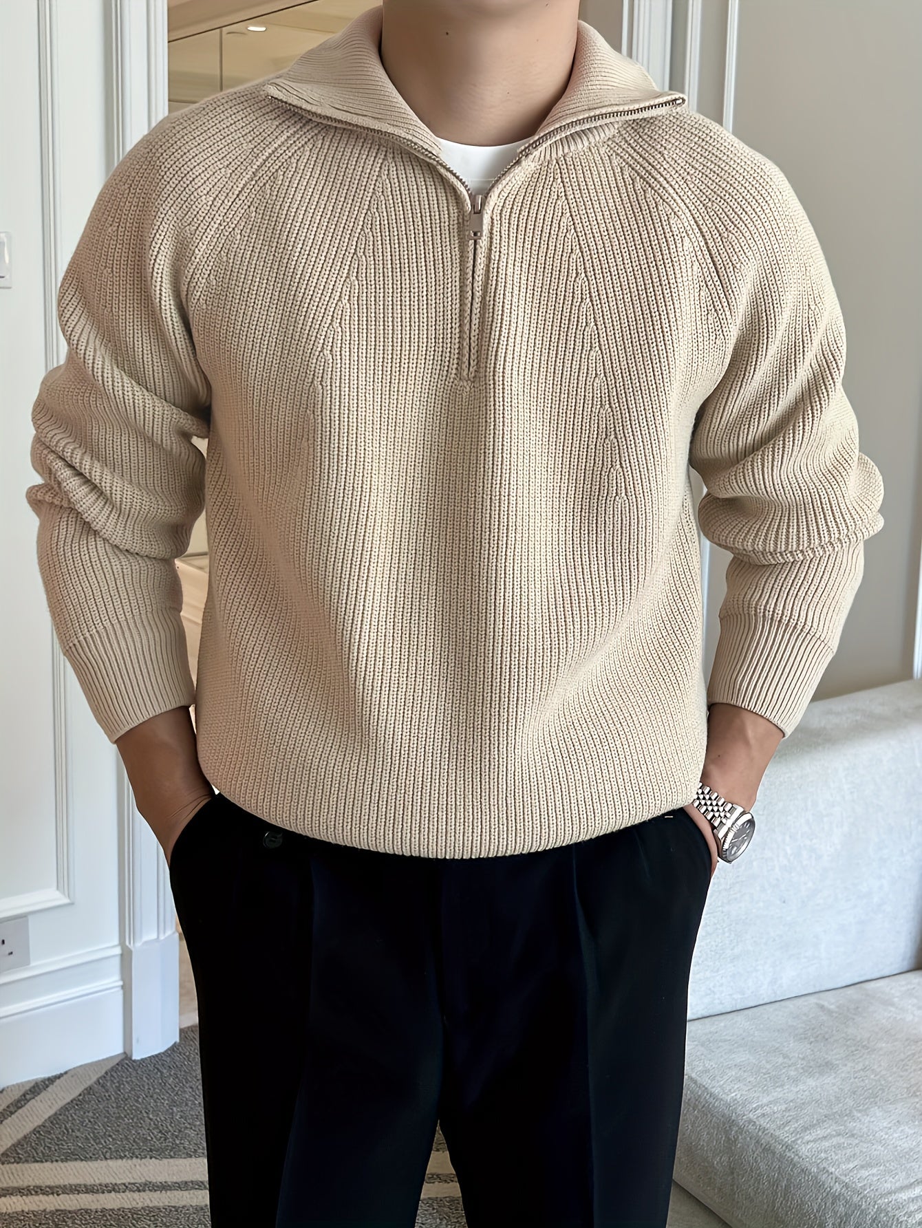 Men's cotton blend half-zip knit sweater with high collar, ribbed texture, versatile casual formal style