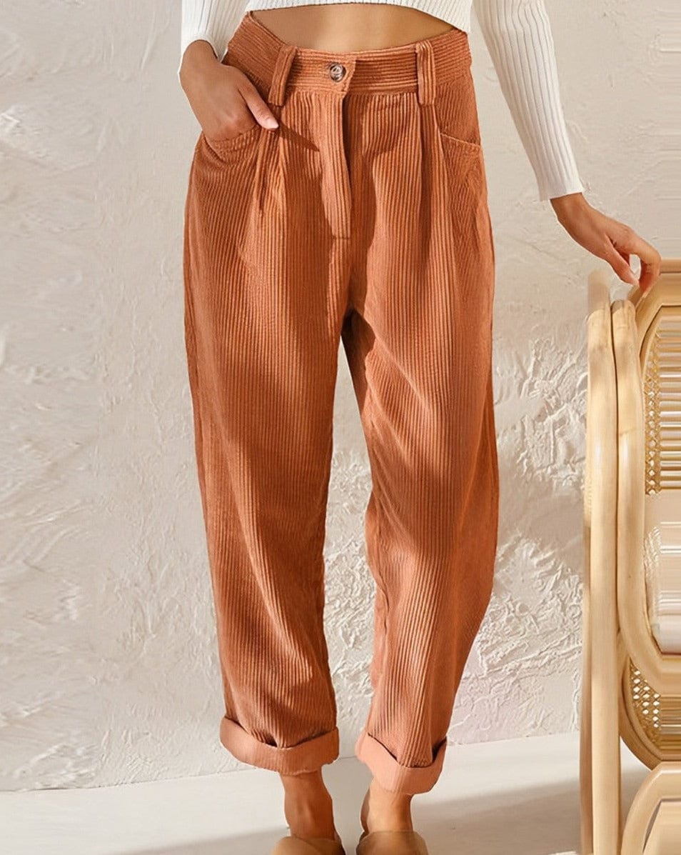 Women's beige corduroy high-waist ankle-length trousers with elegant tailored fit for workwear