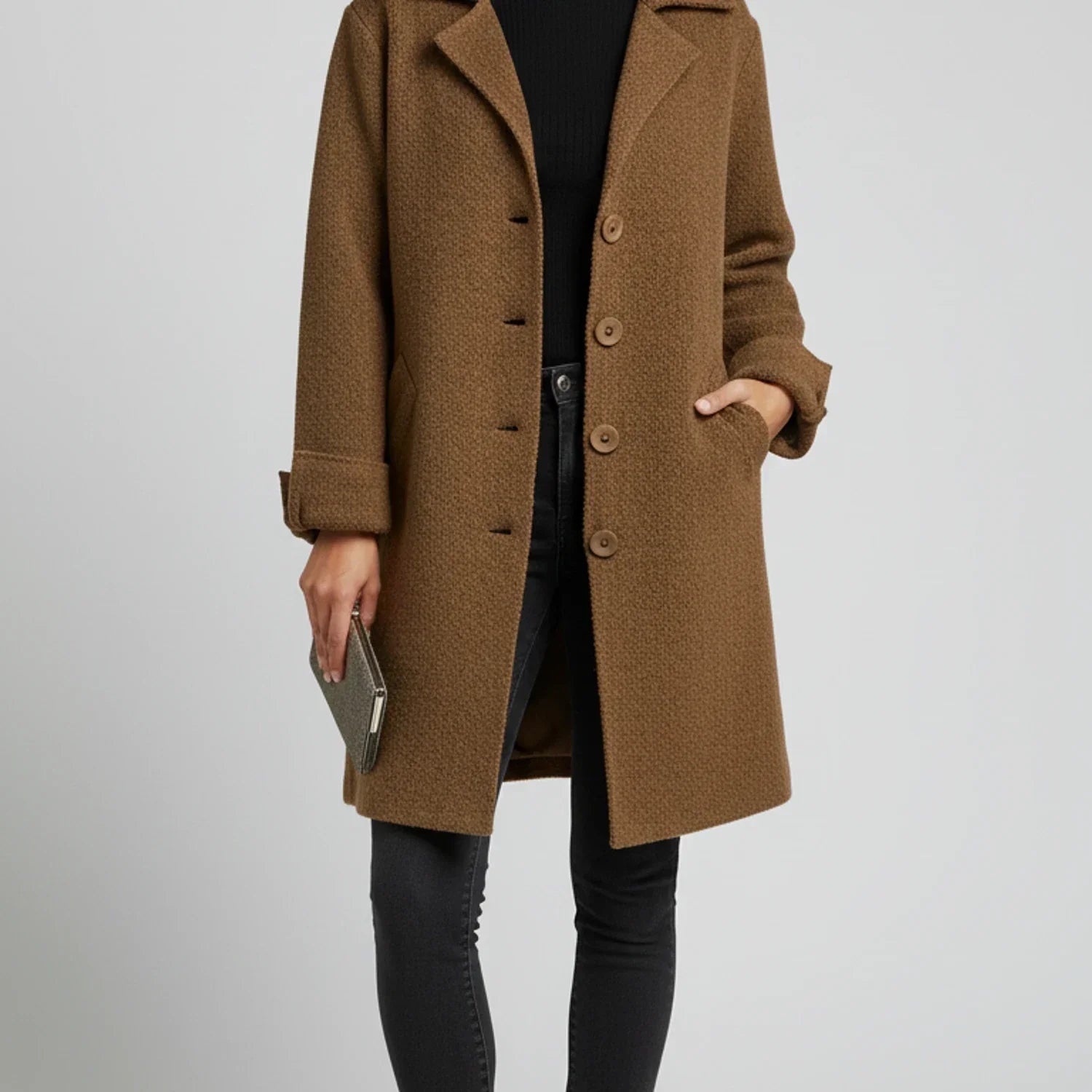 Women's chic mid-length collared jacket relaxed fit with button front closure