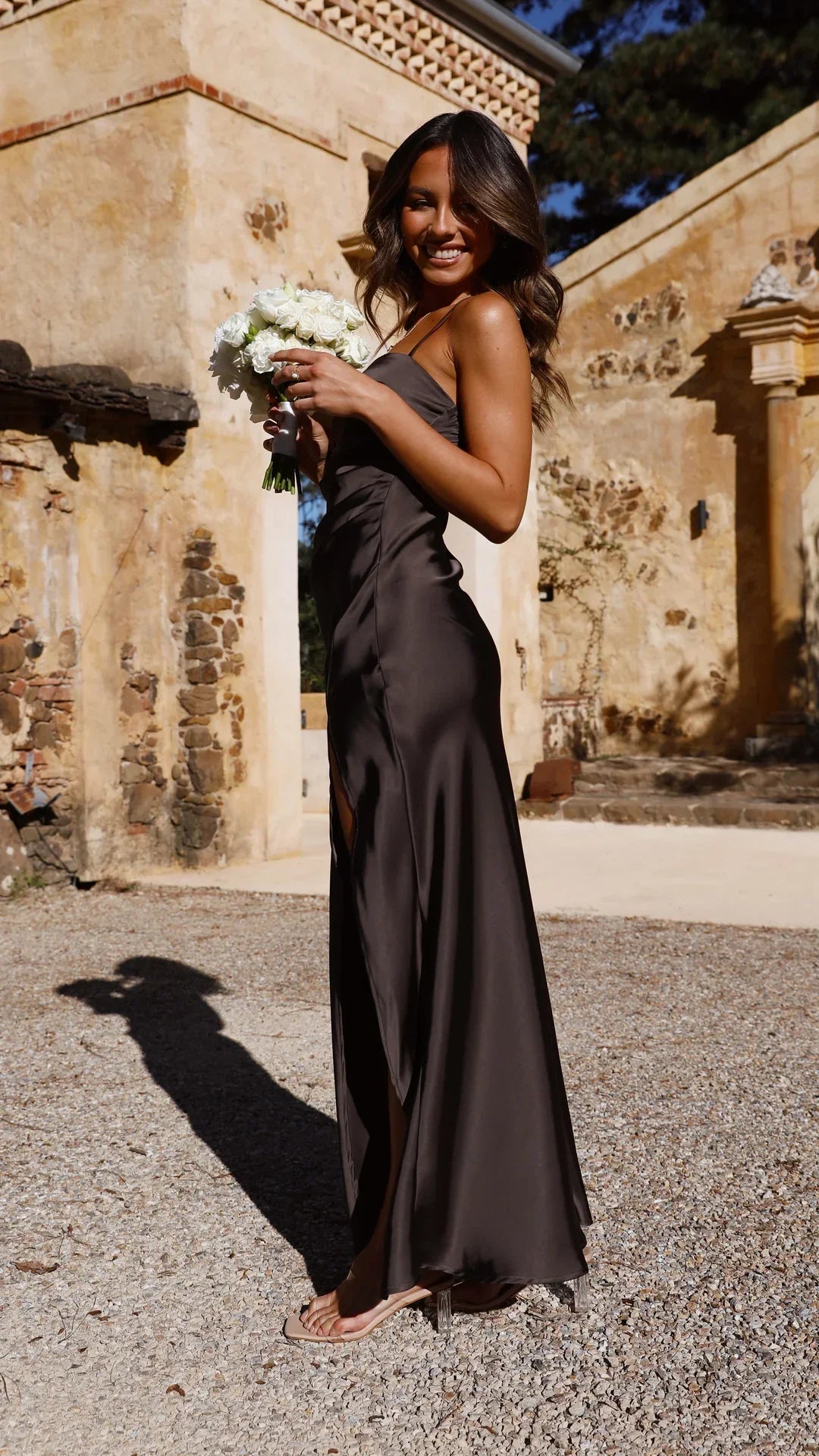 Women's satin slip maxi dress fluid silhouette sleek minimalist design for day and evening events
