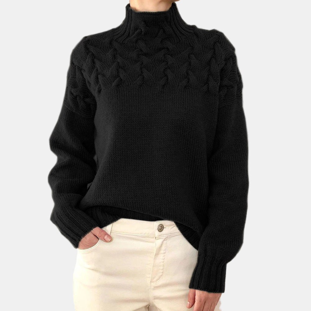 Women's cream cable knit turtleneck sweater relaxed fit with raised texture detailing